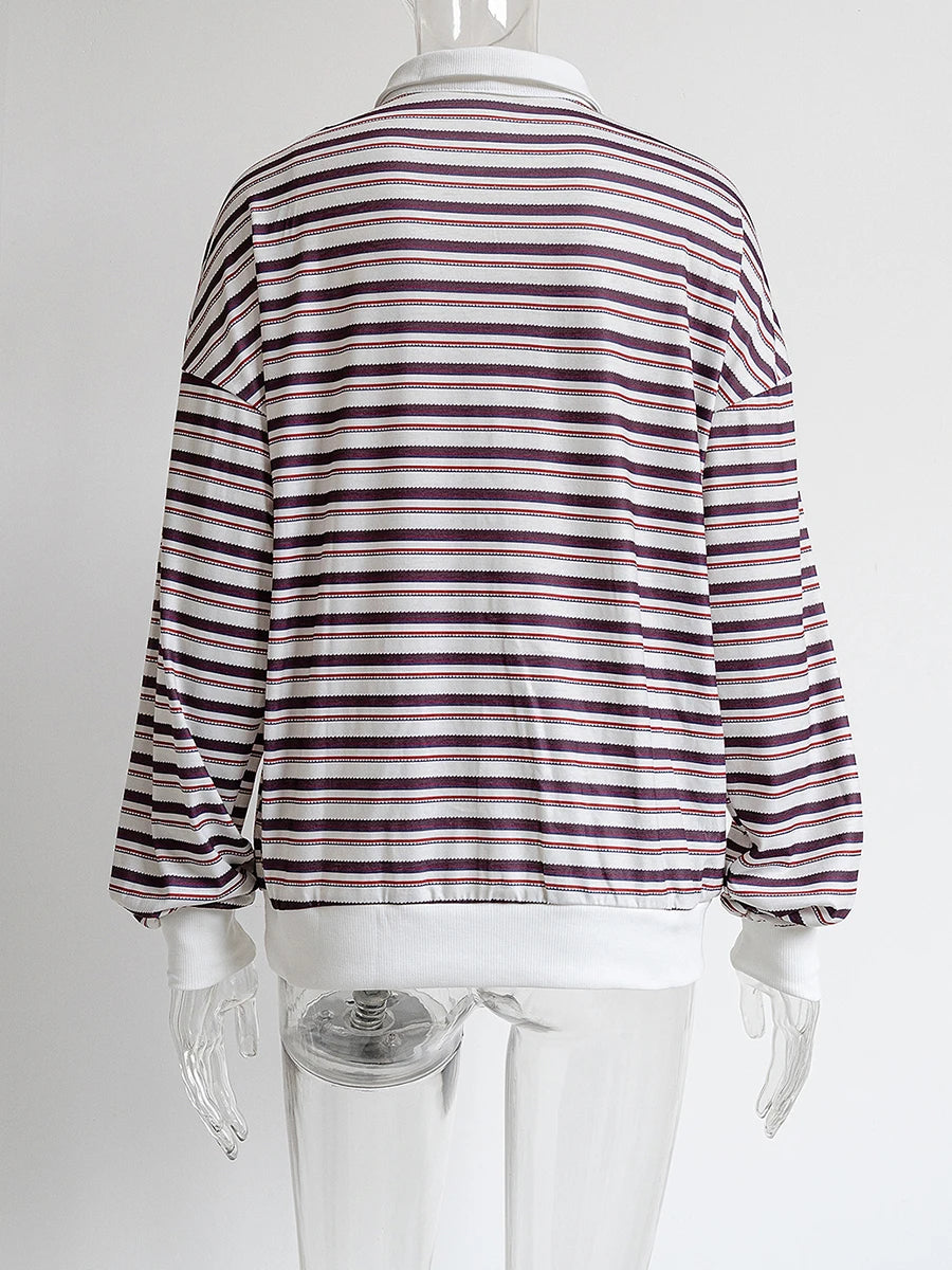 Striped Contrast Long Sleeve T-shirt Women Buttons Turndown Collar Loose T Shirt 2025 Spring New Streetwear Vintage Casual Tees