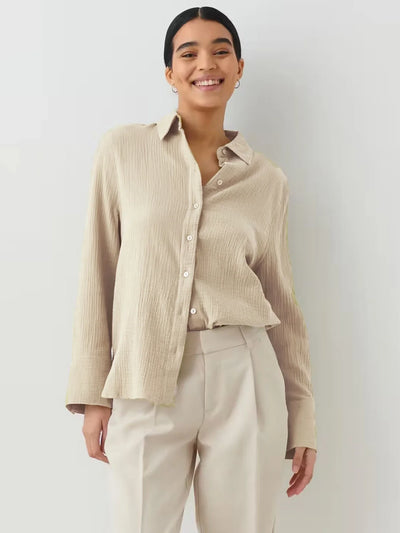 Wolfeel  Women's Spring Summer 100% Cotton Shirts Office Lady  Fashionable Solid Lady Long Sleeve Loose Tops Crepe Shirts