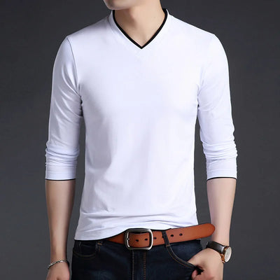 2025 New Fashion Brand T Shirts Men V Neck Street Wear Tops Trending Mercerized Cotton Korean Long Sleeve Tee Men Clothing