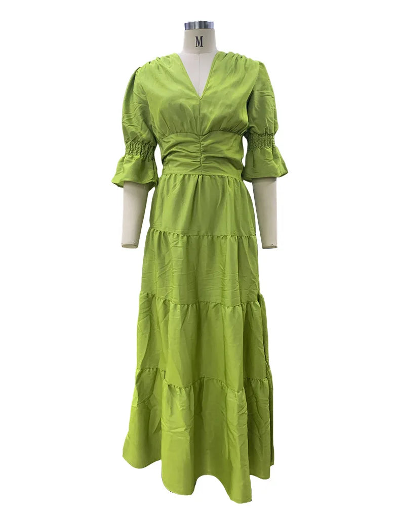 Elegant Ruffle Splicing High Waist And Large Swing Dress For Spring 2025 New Women's Fashion V-neck Long Sleeved Maxi Dress