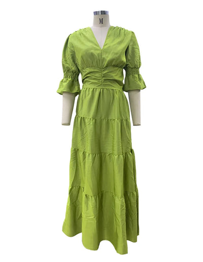 Elegant Ruffle Splicing High Waist And Large Swing Dress For Spring 2025 New Women's Fashion V-neck Long Sleeved Maxi Dress