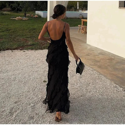 Elegant Stacked Ruffle Split Hem Long Dress Women Sexy Sleeveless Backless Chiffon V Neck Dresses 2024 New Lady Vacation Vestido