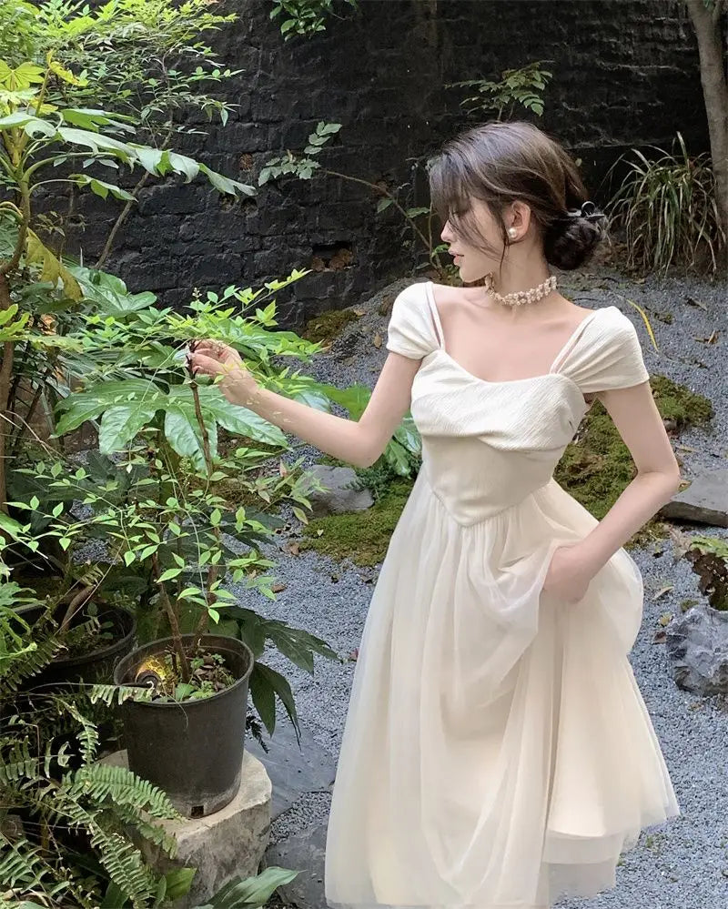 Midi Dress Women Pure Princess Summer Aesthetic Defined Elegant Ladies Gentle Spliced Chic Mesh Partywear French Style Vestidos