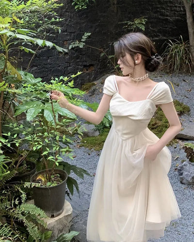 Midi Dress Women Pure Princess Summer Aesthetic Defined Elegant Ladies Gentle Spliced Chic Mesh Partywear French Style Vestidos