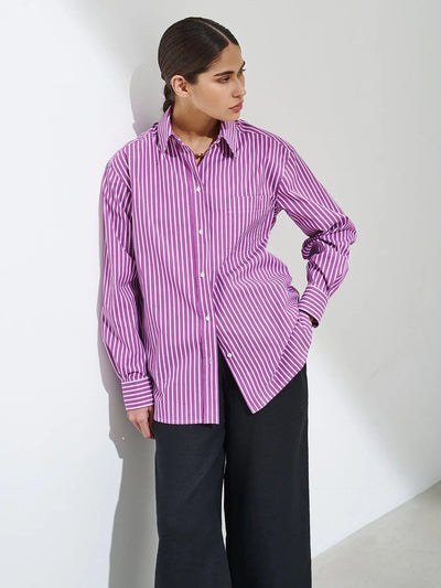 Wolfeel Loose Striped Shirts 2025 Autumn Chic 100% Cotton Blouse Female Tops Casual Lapel Oversized Lace Up Women Shirts