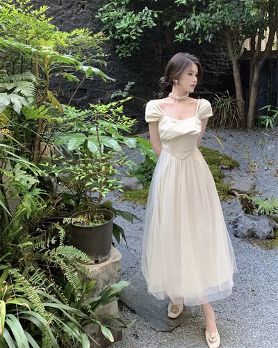 Midi Dress Women Pure Princess Summer Aesthetic Defined Elegant Ladies Gentle Spliced Chic Mesh Partywear French Style Vestidos