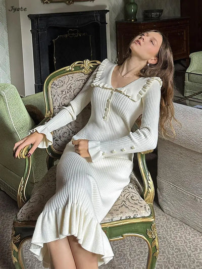 Elegant Ruffled Women Dress Long  Pit Stripe Knit Dresses For Winter Autumn Retro Lapel Pearl Button Fall Fashion Vestidos Robes