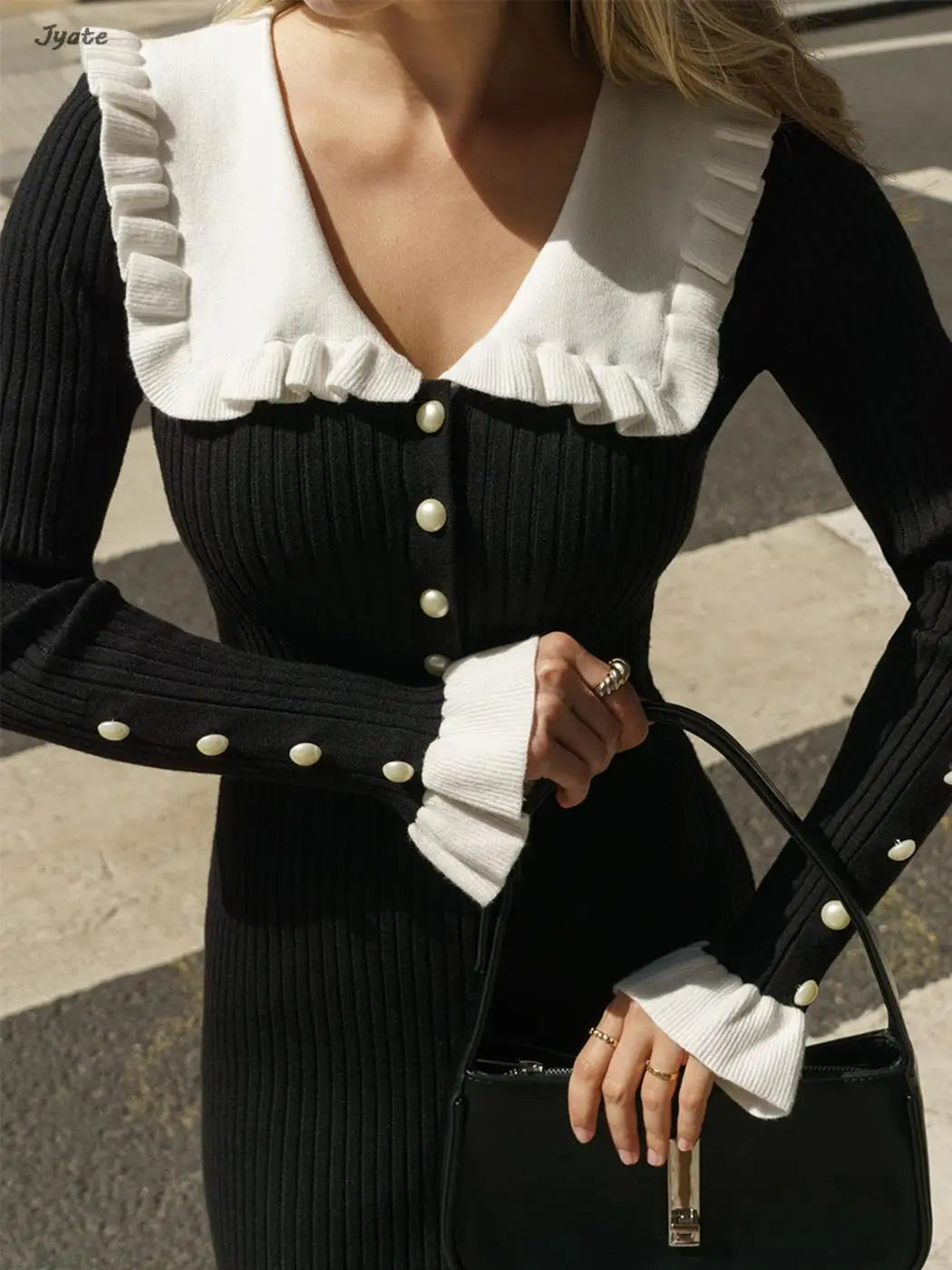 Elegant Ruffled Women Dress Long  Pit Stripe Knit Dresses For Winter Autumn Retro Lapel Pearl Button Fall Fashion Vestidos Robes