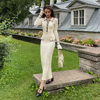 Elegant Ruffled Women Dress Long  Pit Stripe Knit Dresses For Winter Autumn Retro Lapel Pearl Button Fall Fashion Vestidos Robes