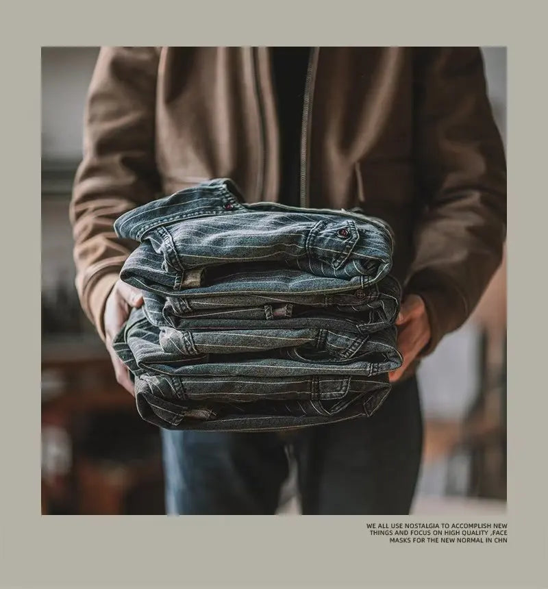 Men's Shirts Long Sleeves Recommend New Sand Washing for Old Retro Trendy Men Thicken Yarn-dyed Striped Shirts for Men