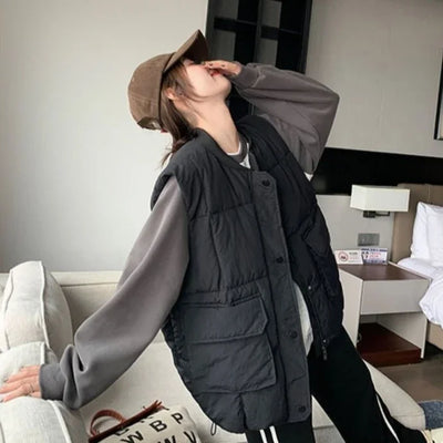 Loose Black Women's Vests Elegant Cold Insulated Youthful Lady Padded Cotton Giletes Working Clothes Fashion 2024 Sleeveless