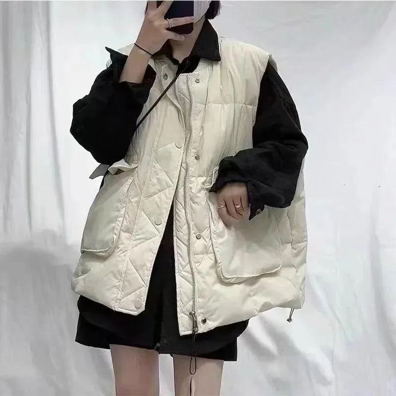 Loose Black Women's Vests Elegant Cold Insulated Youthful Lady Padded Cotton Giletes Working Clothes Fashion 2024 Sleeveless