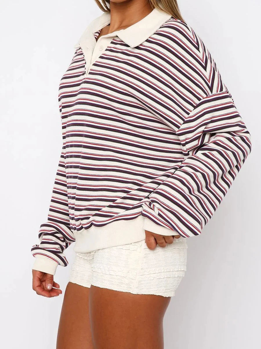 Striped Contrast Long Sleeve T-shirt Women Buttons Turndown Collar Loose T Shirt 2025 Spring New Streetwear Vintage Casual Tees