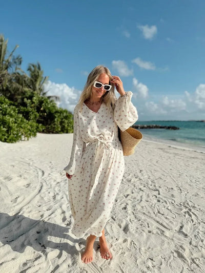 Wolfeel  Summer Women Printed Chiffon  V-neck Dress Sweet Casual Loose Beach Lace Up Long Skirts Fashionable Office Lady Dress