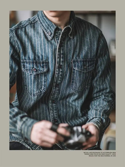 Men's Shirts Long Sleeves Recommend New Sand Washing for Old Retro Trendy Men Thicken Yarn-dyed Striped Shirts for Men