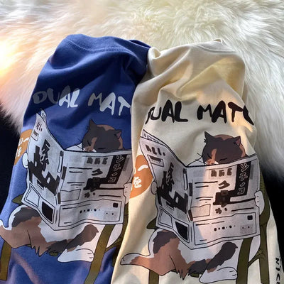 Cotton summer Japanese retro cartoon cat short sleeved t-shirt men loose Korean version lazy style half sleeved shirt harajuku