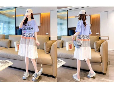 Casual Short Sleeve Letter Dresses Female Clothing Summer Loose A-Line Fashion Printed Patchwork Korean Round Neck Midi Dress