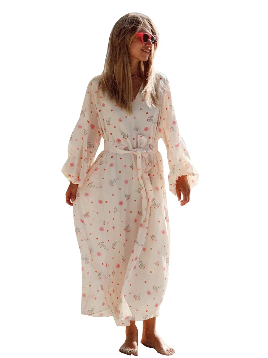 Wolfeel  Summer Women Printed Chiffon  V-neck Dress Sweet Casual Loose Beach Lace Up Long Skirts Fashionable Office Lady Dress