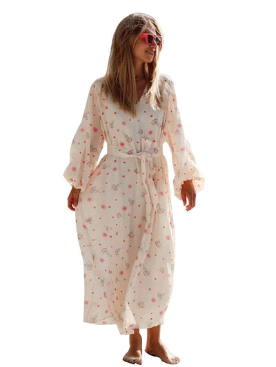 Wolfeel  Summer Women Printed Chiffon  V-neck Dress Sweet Casual Loose Beach Lace Up Long Skirts Fashionable Office Lady Dress