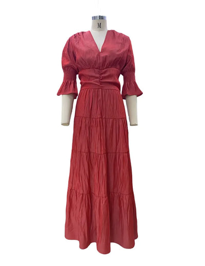 Elegant Ruffle Splicing High Waist And Large Swing Dress For Spring 2025 New Women's Fashion V-neck Long Sleeved Maxi Dress
