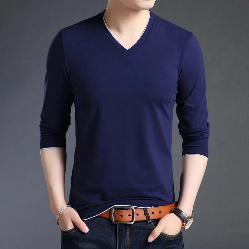 2025 New Fashion Brand T Shirts Men V Neck Street Wear Tops Trending Mercerized Cotton Korean Long Sleeve Tee Men Clothing
