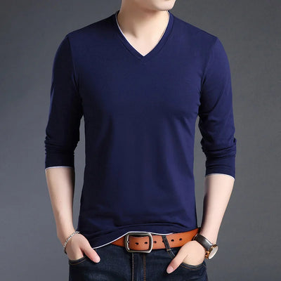 2025 New Fashion Brand T Shirts Men V Neck Street Wear Tops Trending Mercerized Cotton Korean Long Sleeve Tee Men Clothing