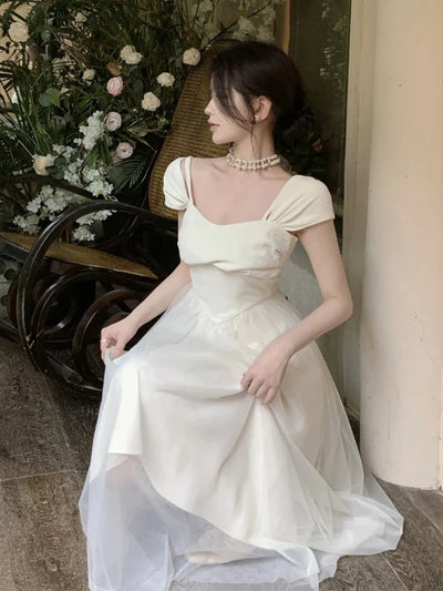 Midi Dress Women Pure Princess Summer Aesthetic Defined Elegant Ladies Gentle Spliced Chic Mesh Partywear French Style Vestidos