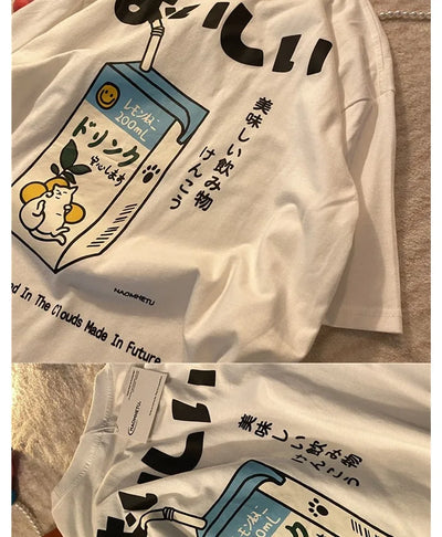 Cotton Loose Retro Short-sleeved T-shirt Women's 2024 Summer New Korean Version Cartoon Print Top