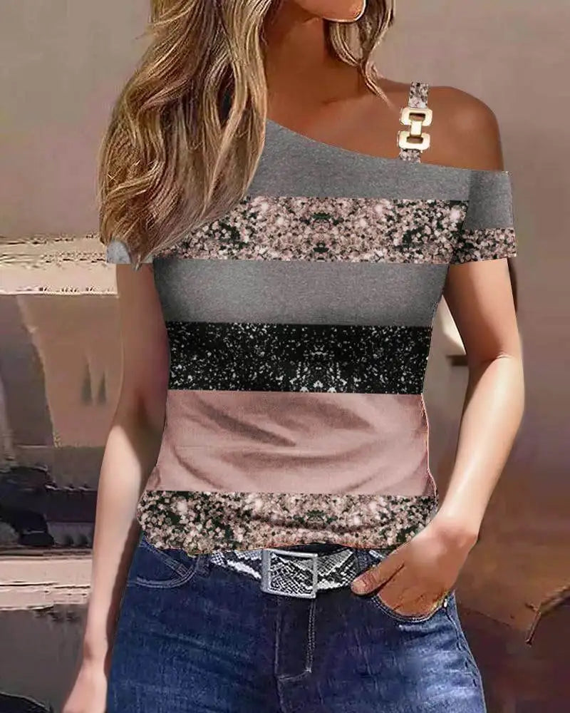 Loose Elegant Lady Clothes 2024 Blusas Para Mujer Women Summer Stripe One Shoulder Short Sleeve Casual Blouse Tops T-shirt