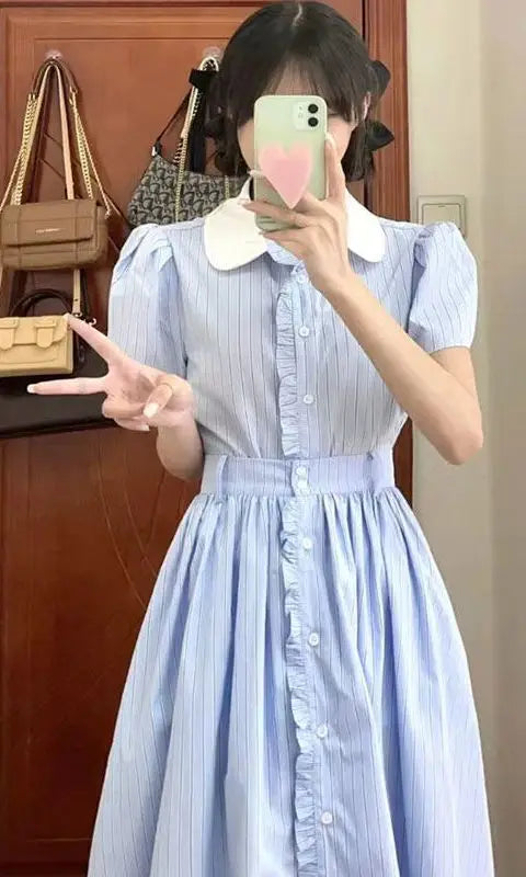 Midi Dress for Women Striped Patchwork Sweet Summer Korean Style Fashion Puff Sleeve Ins Classic College Casual Vestido Feminino