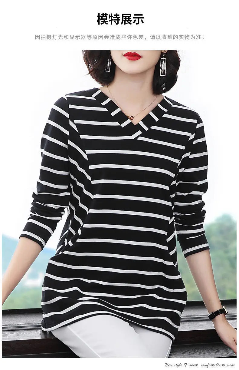 Women's V-Neck Casual All-match Midi Striped Tops Fashion Elegant Long Sleeve Pullovers T-shirt Female Clothing Spring Autumn