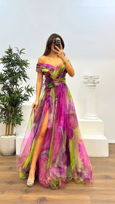 Elegant Formal Party Dress Elegant  Tie-dye Ball Gown with Mesh Bubble Sleeves Split Hem Women's Evening Dress