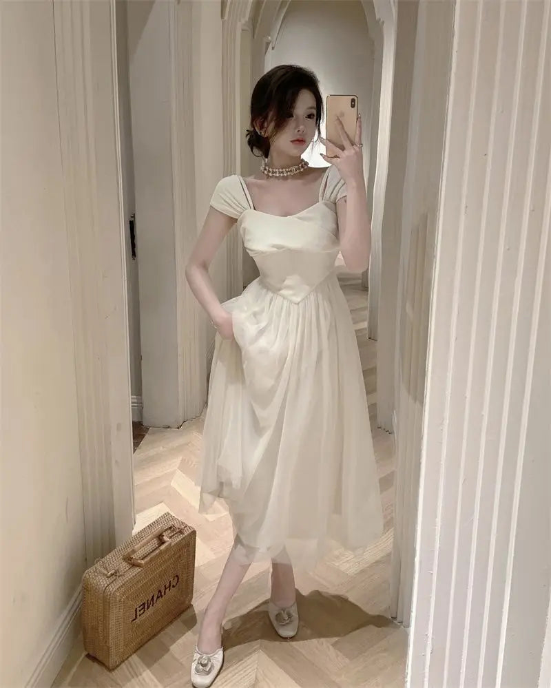 Midi Dress Women Pure Princess Summer Aesthetic Defined Elegant Ladies Gentle Spliced Chic Mesh Partywear French Style Vestidos