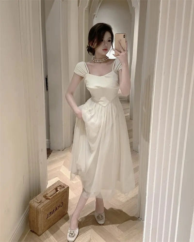 Midi Dress Women Pure Princess Summer Aesthetic Defined Elegant Ladies Gentle Spliced Chic Mesh Partywear French Style Vestidos