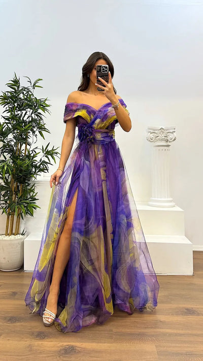 Elegant Formal Party Dress Elegant  Tie-dye Ball Gown with Mesh Bubble Sleeves Split Hem Women's Evening Dress