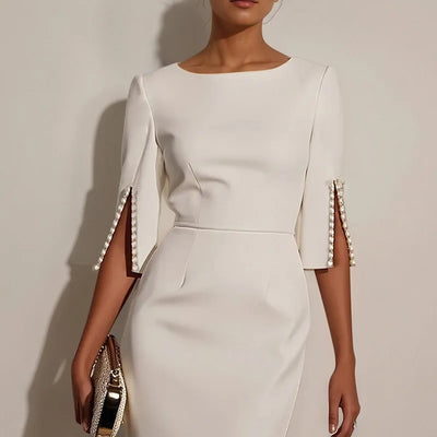 Women Solid Dress Elegant O-Neck OL Office Ladies New Beaded Design Dresses