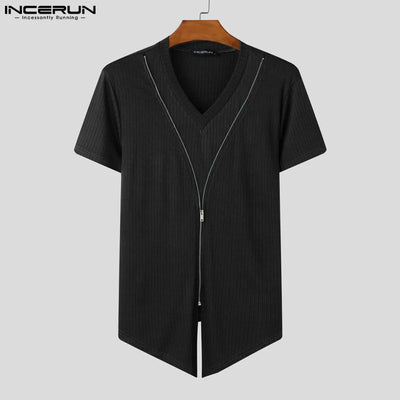 Short Sleeve Tops Tee Fashion Zipper Men T-Shirts Solid Color Irregular Tops V Neck Sexy Party Streetwear Oversize Tee INCERUN