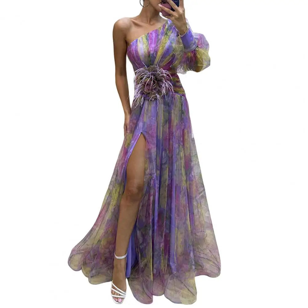 Elegant Formal Party Dress Elegant One Shoulder Tie-dye Ball Gown with Mesh Bubble Sleeves Split Hem Women's Evening Dress