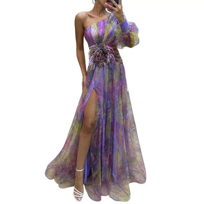 Elegant Formal Party Dress Elegant One Shoulder Tie-dye Ball Gown with Mesh Bubble Sleeves Split Hem Women's Evening Dress