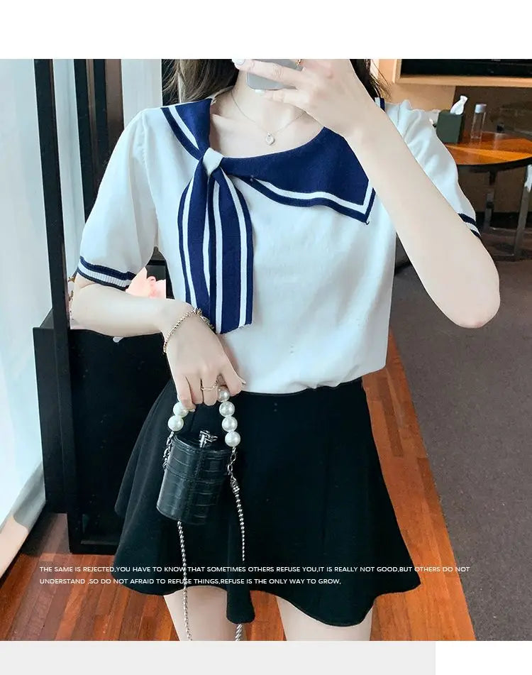 Casual Short Sleeve T-shirt for Women Loose Contrast Sweet All-match Solid Ice Silk Tops Tees Summer New Fashion Korean Clothing