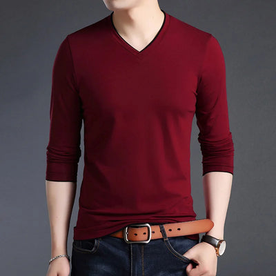 2025 New Fashion Brand T Shirts Men V Neck Street Wear Tops Trending Mercerized Cotton Korean Long Sleeve Tee Men Clothing
