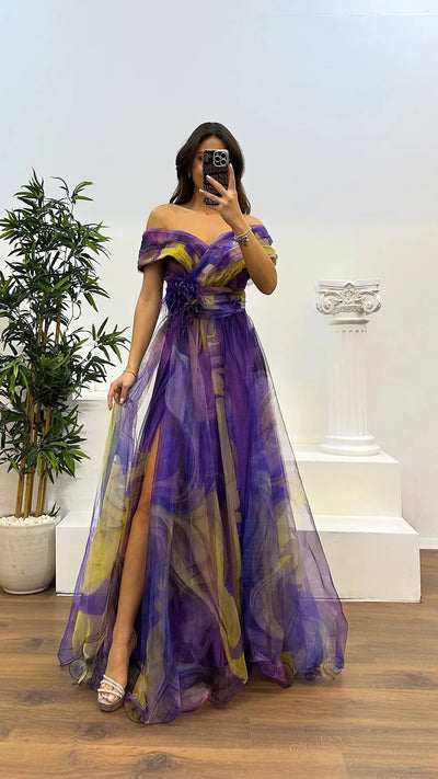 Elegant Formal Party Dress Elegant  Tie-dye Ball Gown with Mesh Bubble Sleeves Split Hem Women's Evening Dress