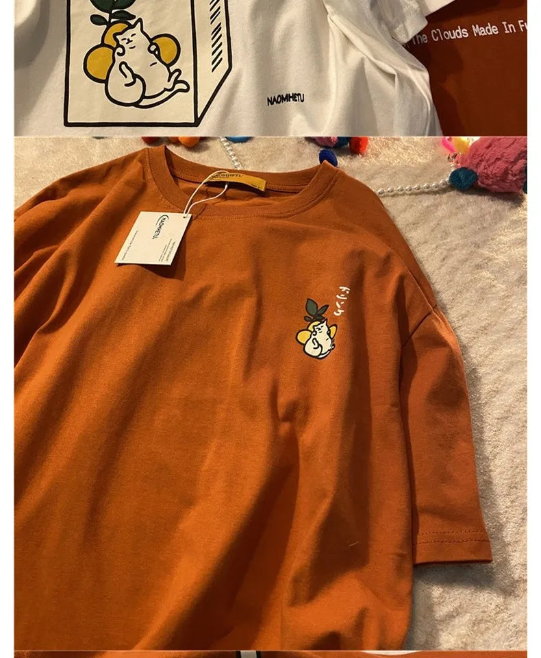Cotton Loose Retro Short-sleeved T-shirt Women's 2024 Summer New Korean Version Cartoon Print Top