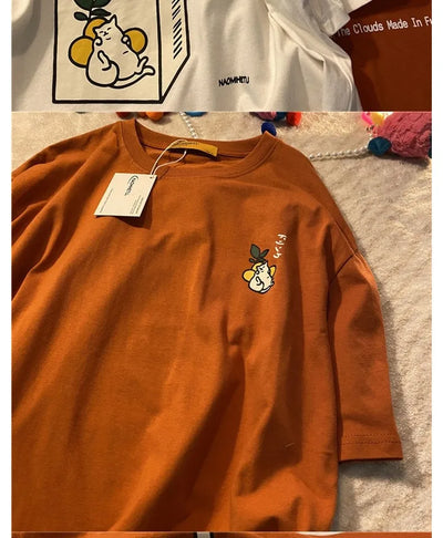 Cotton Loose Retro Short-sleeved T-shirt Women's 2024 Summer New Korean Version Cartoon Print Top
