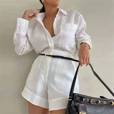 2024 Casual Beach Suits Fashion Summer Cotton Linen Loose Ruffle Shorts Suits Women Long Sleeve Drawstring Pullover 2 Pieces Set
