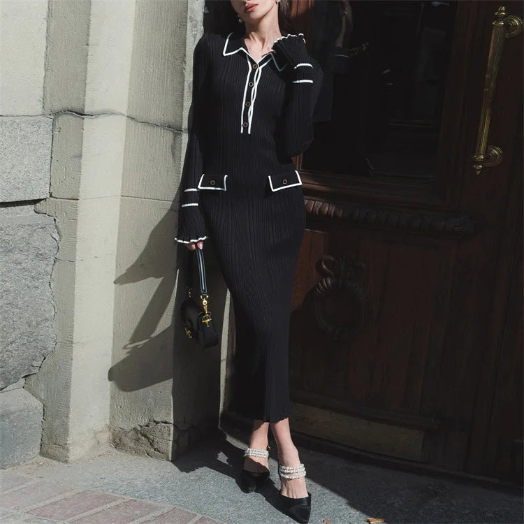 Elegant Ruffled Women Dress Long  Pit Stripe Knit Dresses For Winter Autumn Retro Lapel Pearl Button Fall Fashion Vestidos Robes