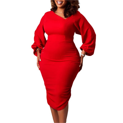 Elegant Office Dress for Women Professional Skew Collar Full Sleeve Sheath Package Hips Mid Calf Formal Business Work Wear Dress