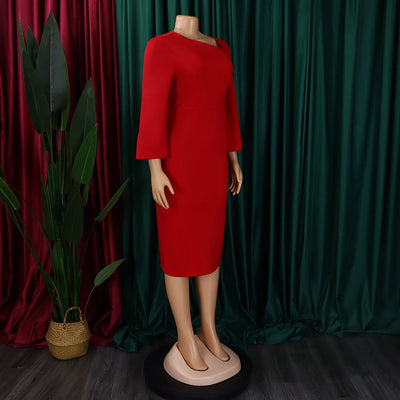 Elegant Office Dress for Women Professional Skew Collar Full Sleeve Sheath Package Hips Mid Calf Formal Business Work Wear Dress