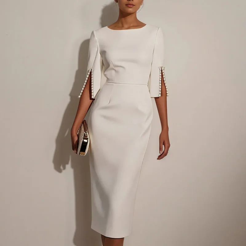 Women Solid Dress Elegant O-Neck OL Office Ladies New Beaded Design Dresses