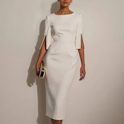 Women Solid Dress Elegant O-Neck OL Office Ladies New Beaded Design Dresses